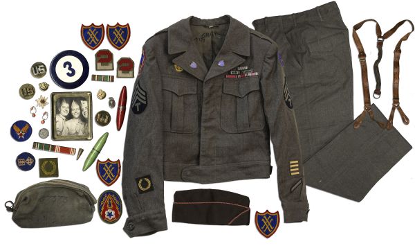 Unique Collection of World War II Items Including a Full Uniform Worn by a Corporal in the 3rd Army -- Lot Includes Badges, Pins & a Personal Photo Owned by the Soldier