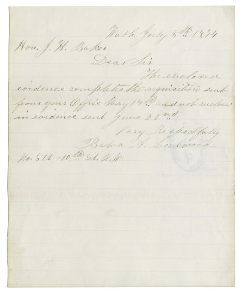 Belva Lockwood Autograph Letter Signed -- One of the First Female Attorneys & Candidates to Run for President