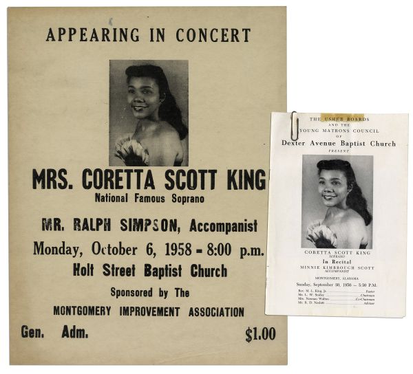 Coretta Scott King Concert Poster & Program From Performances in 1956 & 1958 -- One From the Dexter Avenue Baptist Church