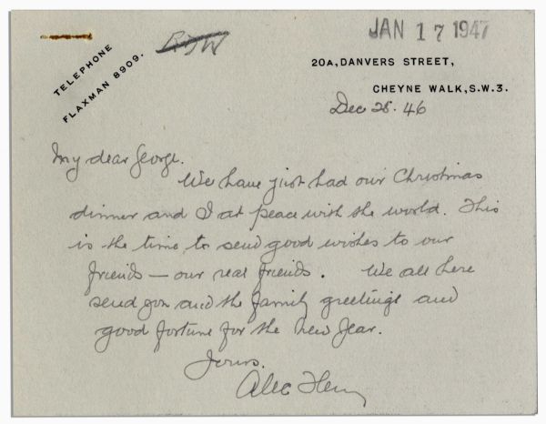 Famed Penicillin Discoverer Alexander Fleming 1946 Autograph Letter Signed -- A Year After Winning the Nobel Prize -- ...I am at peace with the world...