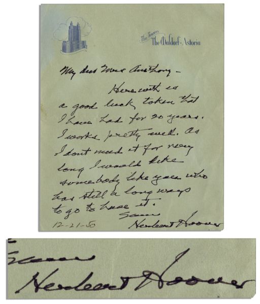 Rare Herbert Hoover Autograph Letter Signed -- ...Herewith is a good luck token that I have had for 20 years. It works pretty well...I dont need it for very long...