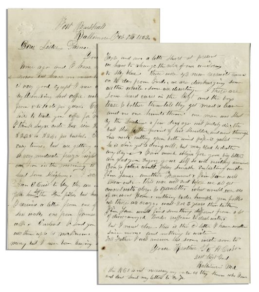 Civil War Letter -- ...One man was shot by the sentinel a few days ago...The ball struck the joint of his shoulder and went through his neck cutting open [his] wind pipe & gullet...