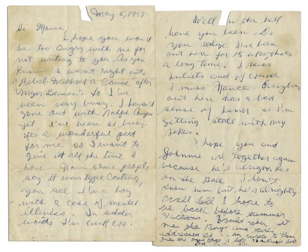 Sal Mineo Autograph Letter Signed -- Excellent Rebel Without a Cause Content -- Its a wonderful part for me so I want to give it all the time I have...