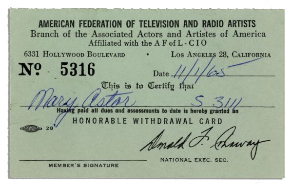 Mary Astors Union Card, Given to Her Upon Her Retirement in 1965 -- From The American Federation of Television and Radio Artists