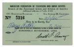 Mary Astors Union Card, Given to Her Upon Her Retirement in 1965 -- From The American Federation of Television and Radio Artists