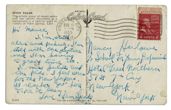 Sal Mineo Autograph Letter Signed on a Postcard in 1955 Just Before He Started Filming Rebel Without a Cause -- ...Im Still Alive And Kicking...