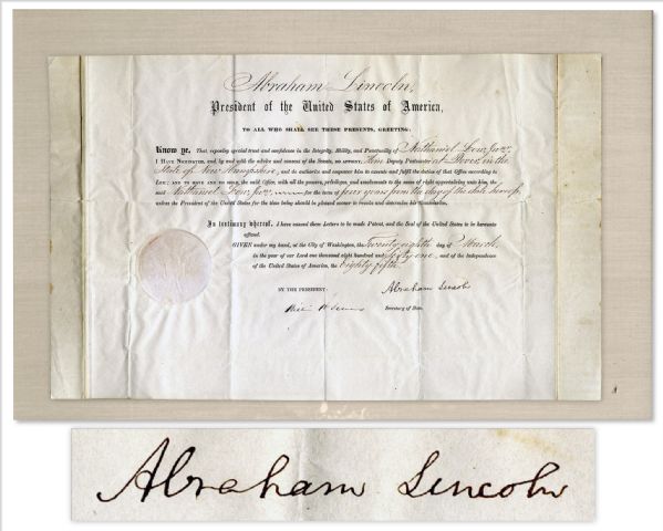 Abraham Lincoln Document Signed With a Bold, Full Abraham Lincoln Signature -- Signed Very Early in His Presidency on 28 March 1861