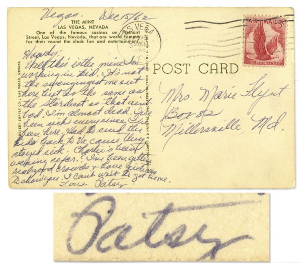Patsy Cline Autograph Postcard Signed -- Sent From Las Vegas in 1962 -- ...Ive been getting real good crowds & have pictures to show you. I cant wait to get home...