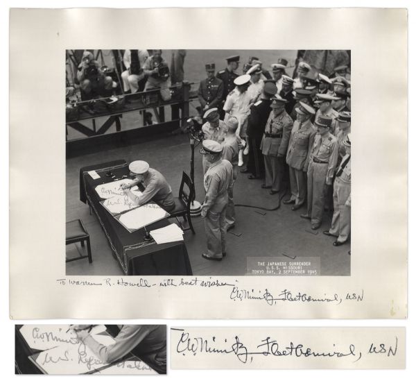 WWII Admiral Chester Nimitz Twice-Signed 14 x 11 Photograph -- Depicting Nimitz Signing the Declaration of Japanese Surrender on 2 September 1945