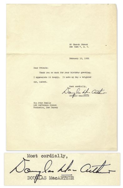 General Douglas MacArthur Typed Letter Signed -- ...Thank you so much for your birthday greeting. I appreciate it deeply. It made my day a brighter one, indeed...