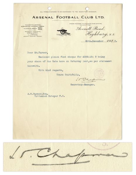 Herbert Chapman Typed Letter Signed -- On Arsenal Football Club Letterhead