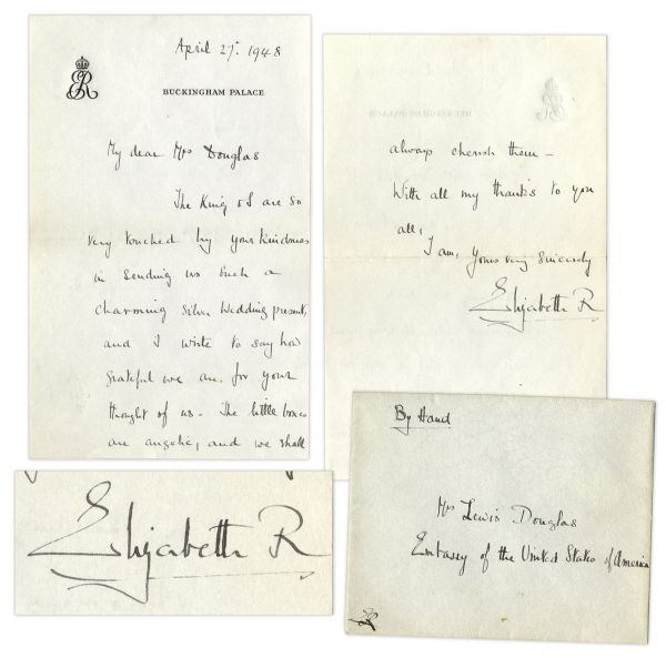 Elizabeth, the Queen Mother Autograph Letter Signed From Buckingham Palace -- ...The King & I are so very touched by your kindness in sending us such a charming silver wedding present...