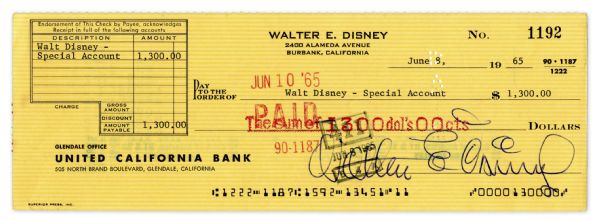 Walt Disney Signed Check -- Signed Walter E. Disney in His Unique Style