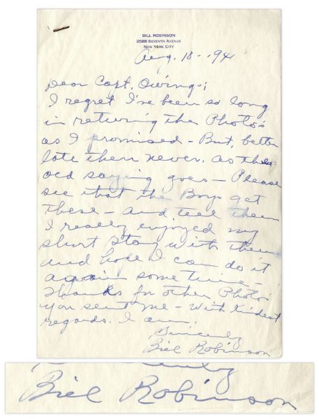 Bill Bojangles Robinson Autograph Letter Signed -- Robinson Writes to a Captain in the Army During WWII, ...Please see that the Boys get these...