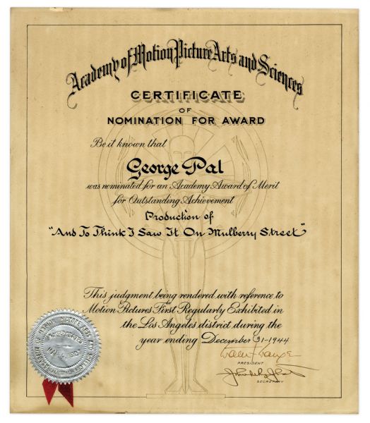 Academy Award Nomination for the Dr. Seuss Short Film And To Think I Saw it On Mulberry Street