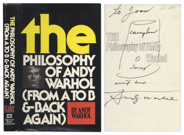 Andy Warhol Sketches His Famous Campbells Soup Can -- Drawn Upon a Signed First Edition of The Philosophy of Andy Warhol