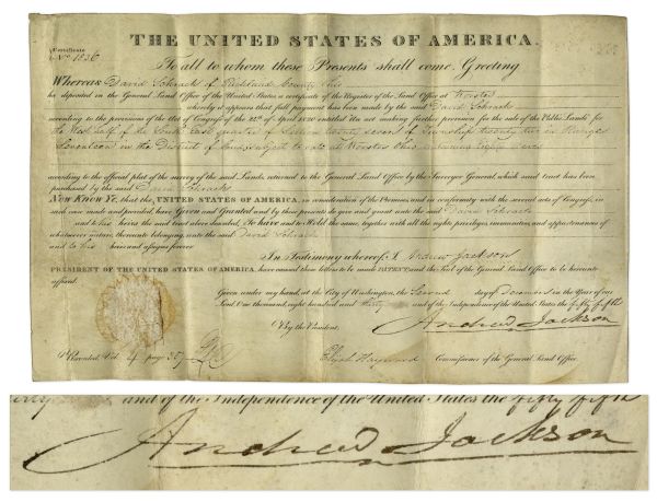 President Andrew Jackson Land Grant Signed in 1830