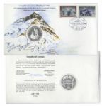 Sir Edmund Hillary & Tenzing Norgay Signed First Day Cover -- With Limited Edition Coin Marking 25th Anniversary of Everests First Ascent