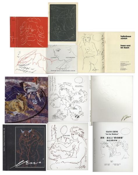 Hans Erni Lot of 5 Signed Illustrations Dedicated to Raymond Burr