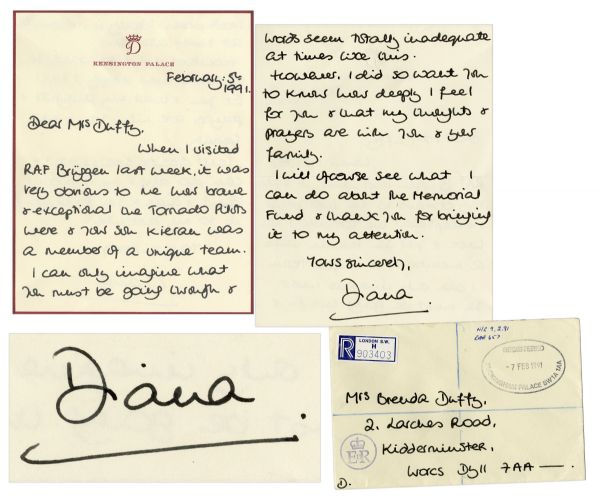Princess Diana Autograph Letter Signed in 1991 -- Addressed to the Mother of First Pilot Killed in The Gulf War ...words seem totally inadequate at times like this... With COA From PSA/DNA