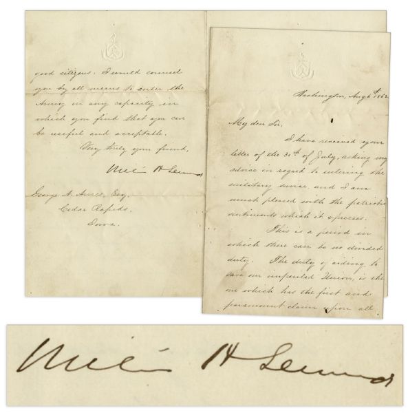 William Seward Letter Signed, Urging His Friend to Join the Union Army in 1862 -- ...This is a period in which there can be no divided duty...
