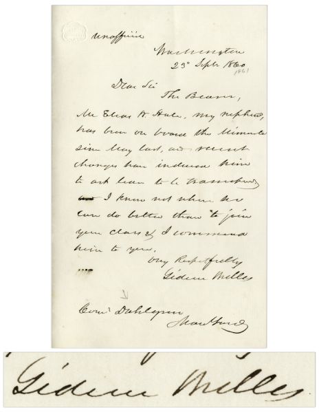 Gideon Welles Autograph Letter Signed -- ...I know not when he can do better than to join your class & I command him to you...
