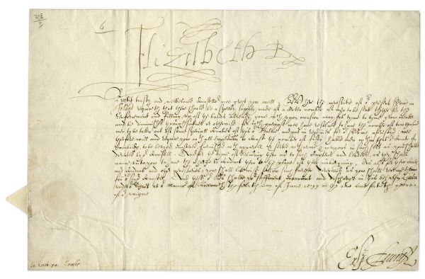 Queen Elizabeth I Document Signed From 1599 -- Concerning the Need for More Troops During the Nine Years War -- With Very Large Elizabeth R Signature