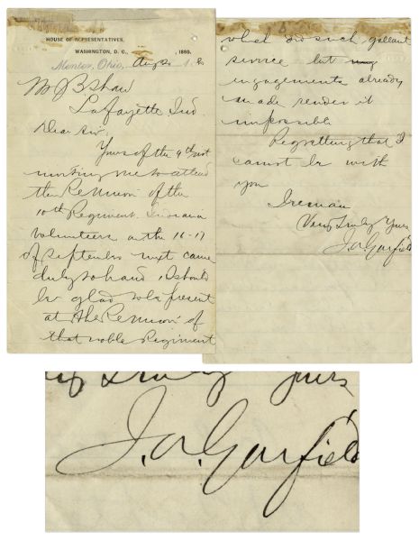 James Garfield Autograph Letter Signed in 1880 -- ...I should be glad to be present at the reunion of that noble regiment which did such gallant service...