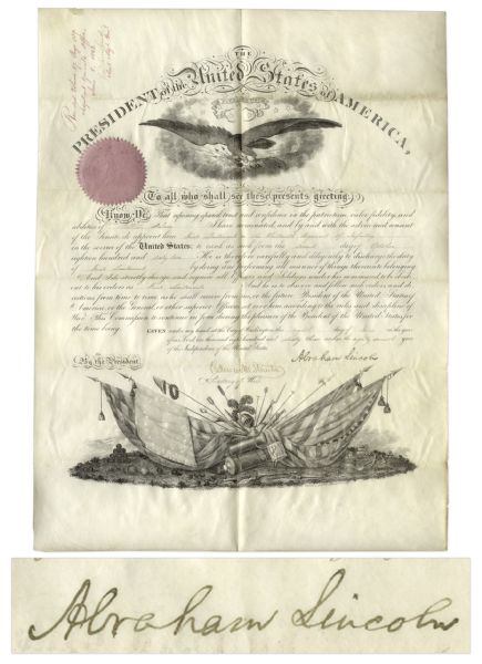 Abraham Lincoln Military Document Signed in 1863 -- Lincoln Appoints William Nelson as First Lieutenant of the 13th Infantry During the Civil War -- With Full Abraham Lincoln Signature
