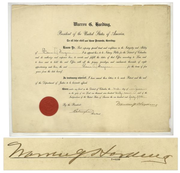 Warren G. Harding Document Signed as President