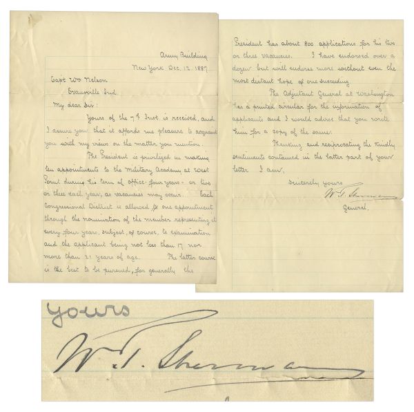 William T. Sherman Letter Signed -- On Getting Into West Point -- ...I have endorsed over a dozen will endorse more without even the most distant hope of our succeeding...