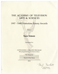 Emmy Nomination Certificate for The Simpsons Given to Sam Simon in 1998, Co-Creator of the Show -- From the Sam Simon Estate