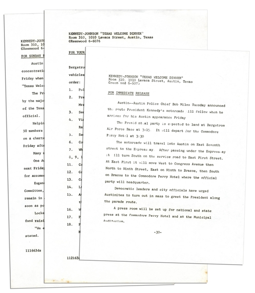 Texas Welcome Dinner Press Releases From the Night of John F. Kennedys Assassination
