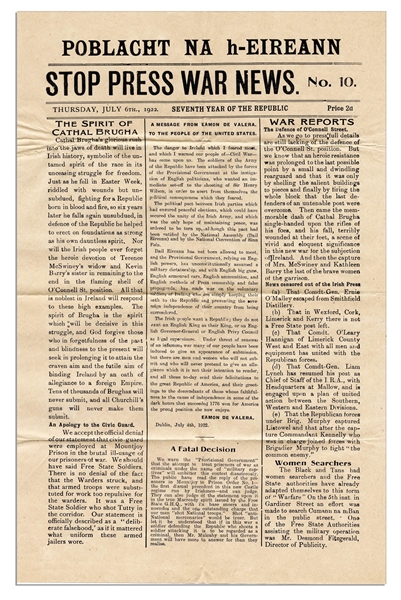 Irish Civil War Broadside Printed by Eamon de Valeras IRA -- Appealing to the United States: ...The dark hours that succeeded 1776 won for America the proud position she now enjoys...