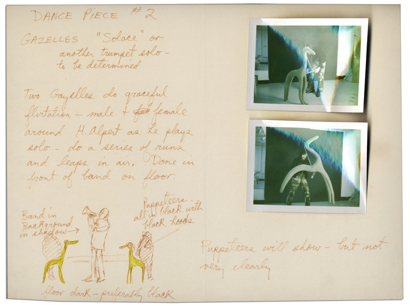 Jim Henson Early Muppets Character Sketch -- Depicting Notes for a Muppets Dance Number for a Very Early Television Debut -- Includes Two Polaroids of Henson Posing With the Puppets