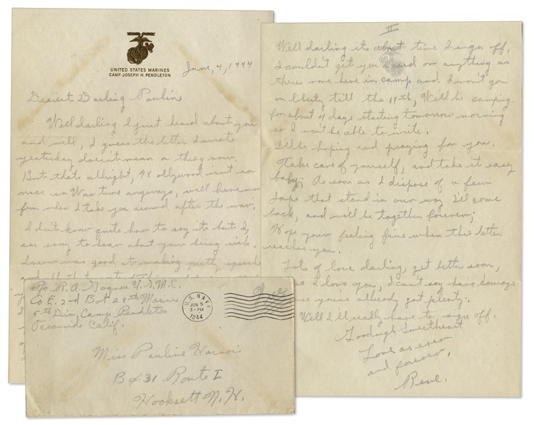 Rene Gagnon WWII Autograph Letter Signed -- ...Hollywood isnt so nice in Wartime...When it comes to courage baby, the Marines havent anything on you...