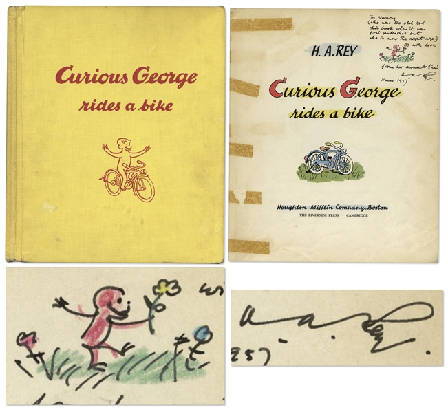 Curious George First Edition, Signed by H.A. Rey With His Original Ink Drawing of Curious George -- Curious George Rides a Bike From 1952