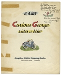 Curious George First Edition, Signed by H.A. Rey With His Original Ink Drawing of Curious George -- ''Curious George Rides a Bike'' From 1952