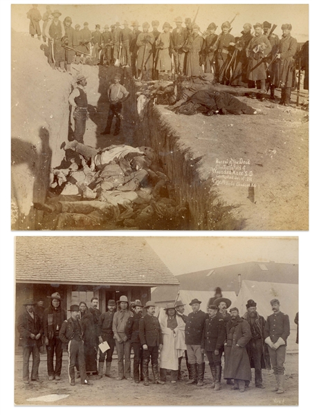 Two Original Sioux Photographs From 1891 -- One Photograph Shows "Bureal of the Dead at the BattleField of Wounded Knee" -- Other Photo Shows Lakota Sioux With Buffalo Bill Cody
