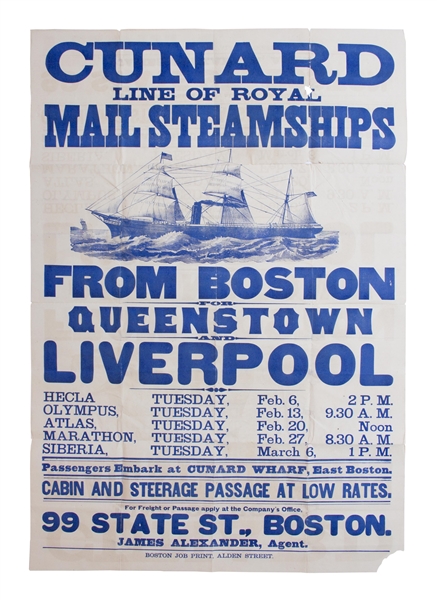 Beautiful Cunard Lines Broadside From 1877 -- Advertising Passenger Ships to Accommodate the Immigrant Explosion From Europe to the United States in the Late 19th Century