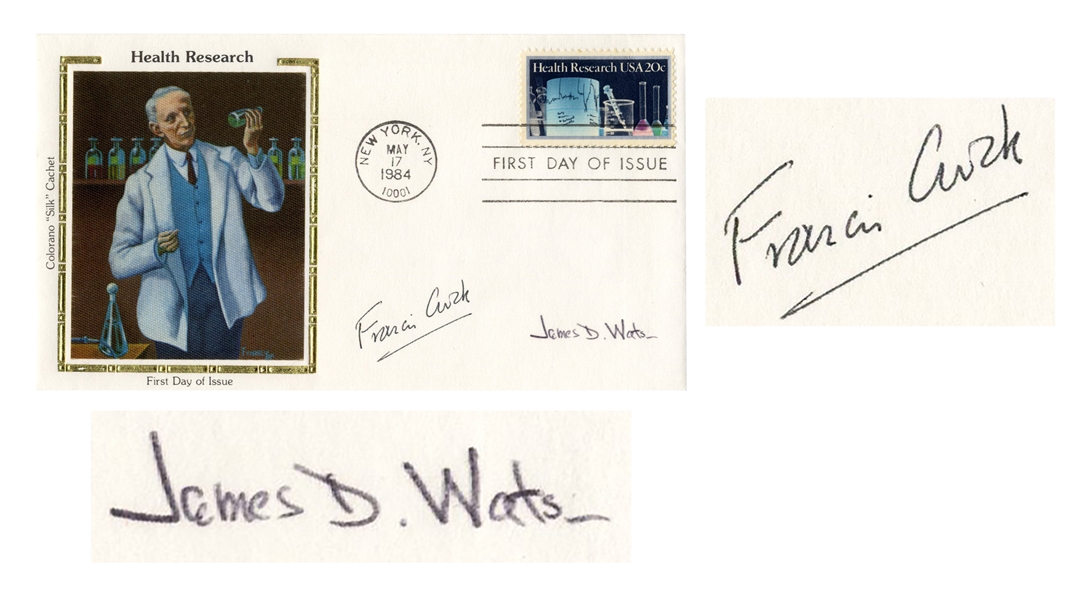 DNA Scientists Francis Crick and James Watson Signed First Day Cover Honoring Health Research