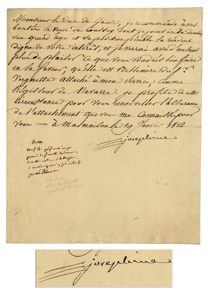 Josephine Bonaparte Letter Signed -- The Widow Josephine Writes a Letter of Recommendation for Another Widow