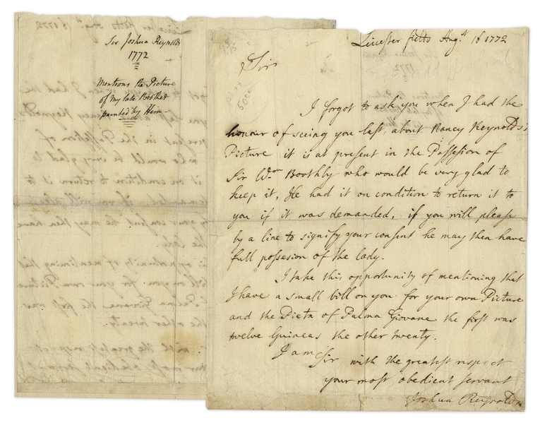 Sir Joshua Reynolds Autograph Letter Signed -- Reynolds Corresponds With a Patron (Likely Sir William Hamilton) in 1772, Asking for Payment of 32 Guineas for Two Paintings