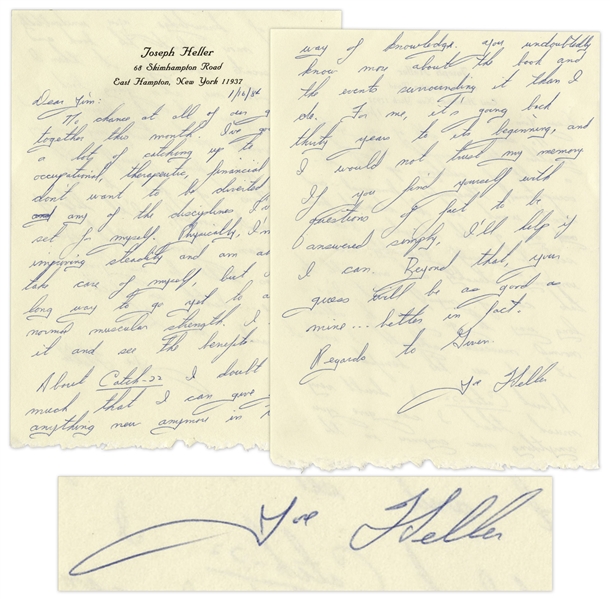 Joseph Heller Autograph Letter Signed -- ...About Catch-22...you undoubtedly know more about the book and the events surrounding it than I do...I would not trust my memory...