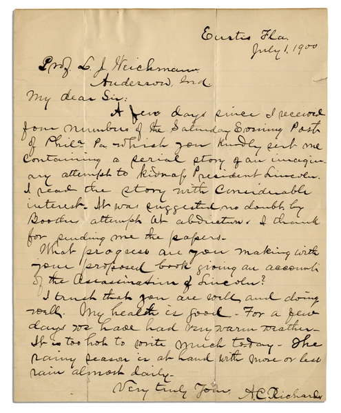 Abraham Lincoln Assassination Letter to Boarder at the Surratt House -- ...an imaginary attempt to kidnap President Lincoln...was suggested, no doubt, by Booths attempt at abduction...