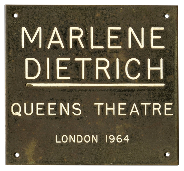 Marlene Dietrich Personally Owned Queens Theatre Plaque From Her Dressing Room