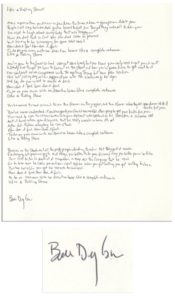 Bob Dylan Signed, Handwritten Lyrics to Like a Rolling Stone -- The Quintessential Rock Song -- With COA From Dylans Manager