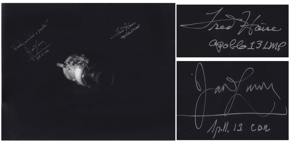 Fred Haise and James Lovell Signed 20" x 16" Photo of Apollo 13s Damaged Service Module -- Lovell Adds, "Houston, weve had a problem!"