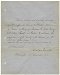 Abraham Lincoln Document Signed as President, Authorizing His Old Friend & De Facto Campaign Manager to Finalize a Treaty With Prussia -- Signed in Full ''Abraham Lincoln''