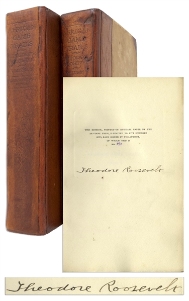 Theodore Roosevelt Signed Limited First Edition of African Game Trails -- Both Volumes Present in Original Leather Bindings